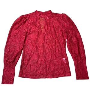 ReVamped Red Floral Lace Puff Sleeve High Neck Blouse - Small